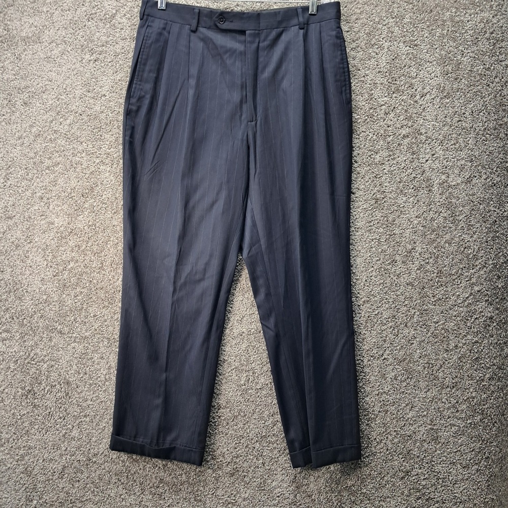 Nautica Mens Navy Blue Pinstripe Wool Blend Pleated Dress Pants 36x29 N703